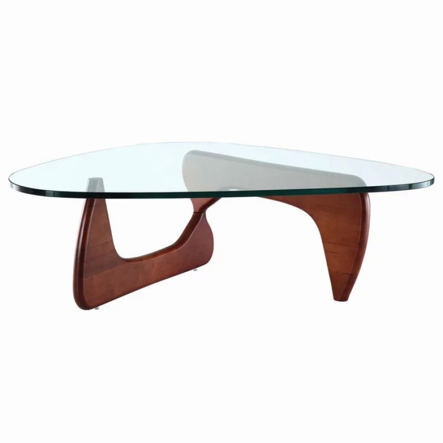 Coffee & Accent Tables * | Interior Modern Abstract Triangle Glass Top Modern Coffee Table Wooden Base, Cherry