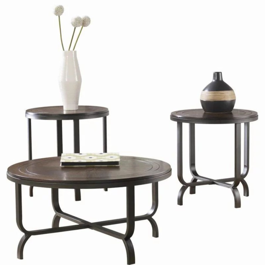 Coffee & Accent Tables * | Ashley Furniture Industries Ferlin Table Set, Coffee Table And 2 End Tables, Dark Brown