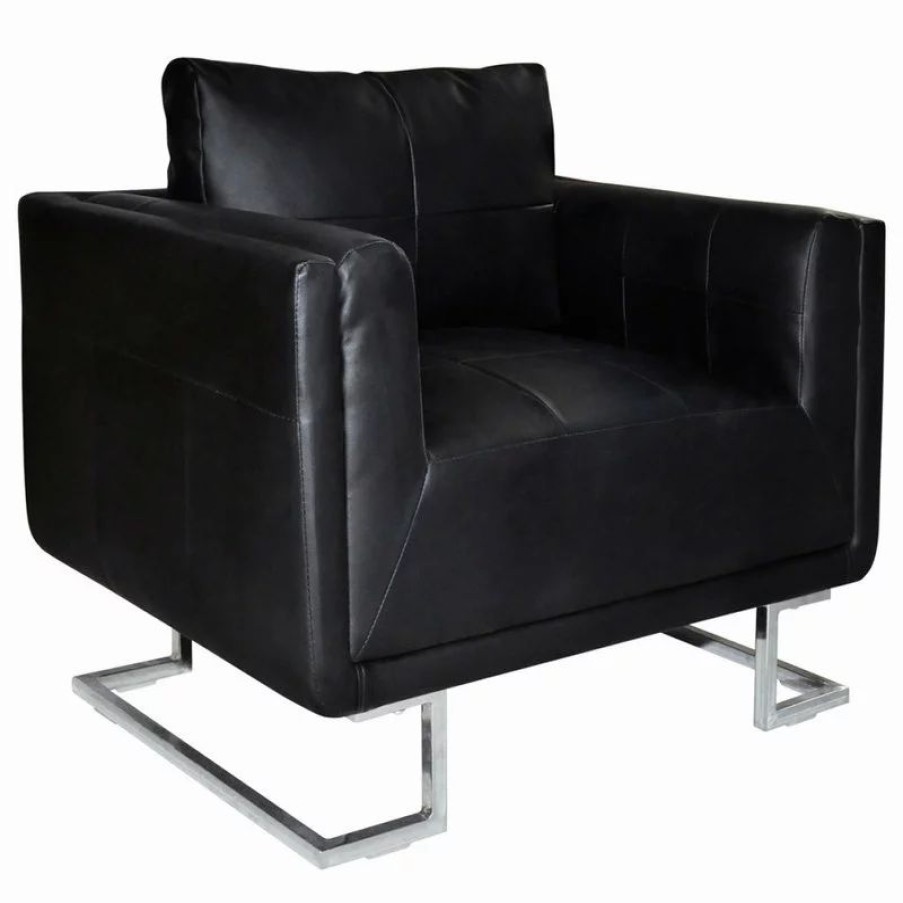 Chairs * | Vida Xl International B.V. Vidaxl Cube Armchair With Chrome Feet Real Leather Black Luxury Furniture Home