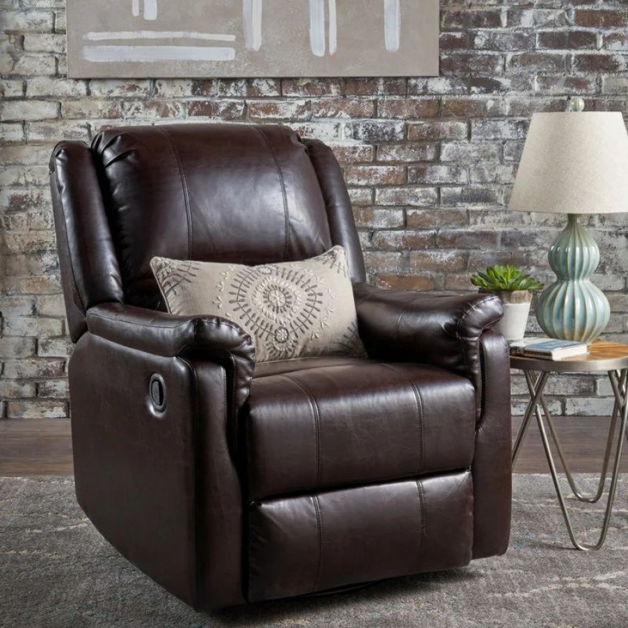 Chairs * | Gdfstudio Gdf Studio Jemma Tufted Brown Leather Swivel Gliding Recliner Chair