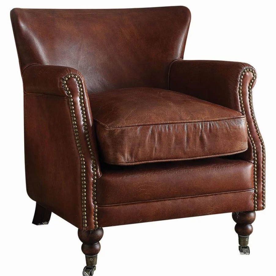 Chairs * | Acme Furniture Leeds Top Grain Leather Accent Chair, Vintage Dark Brown