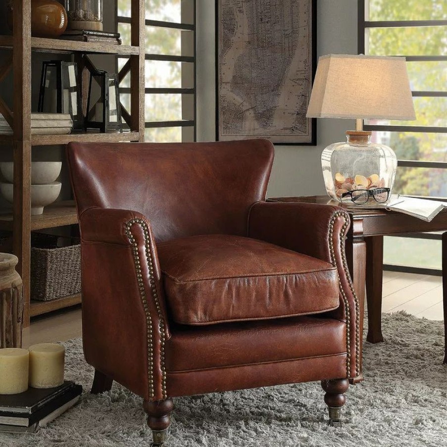 Chairs * | Acme Furniture Leeds Top Grain Leather Accent Chair, Vintage Dark Brown