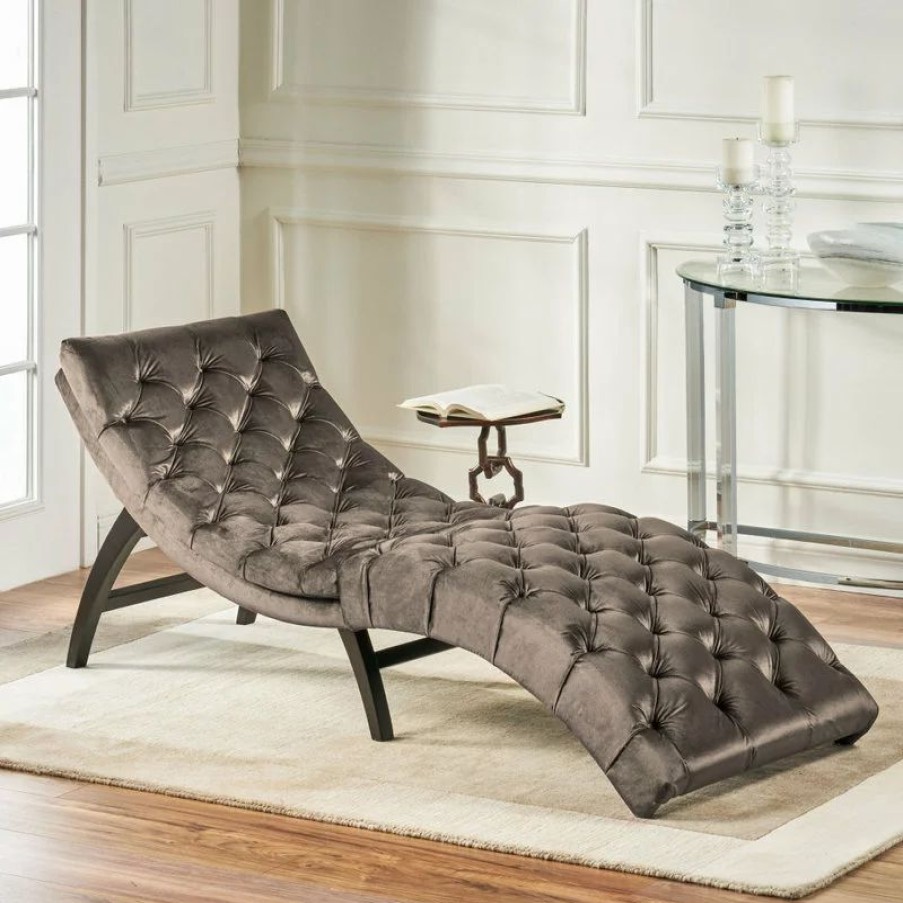 Chairs * | Gdfstudio Gdf Studio Garamond Tufted New Velvet Chaise Lounge, Gray