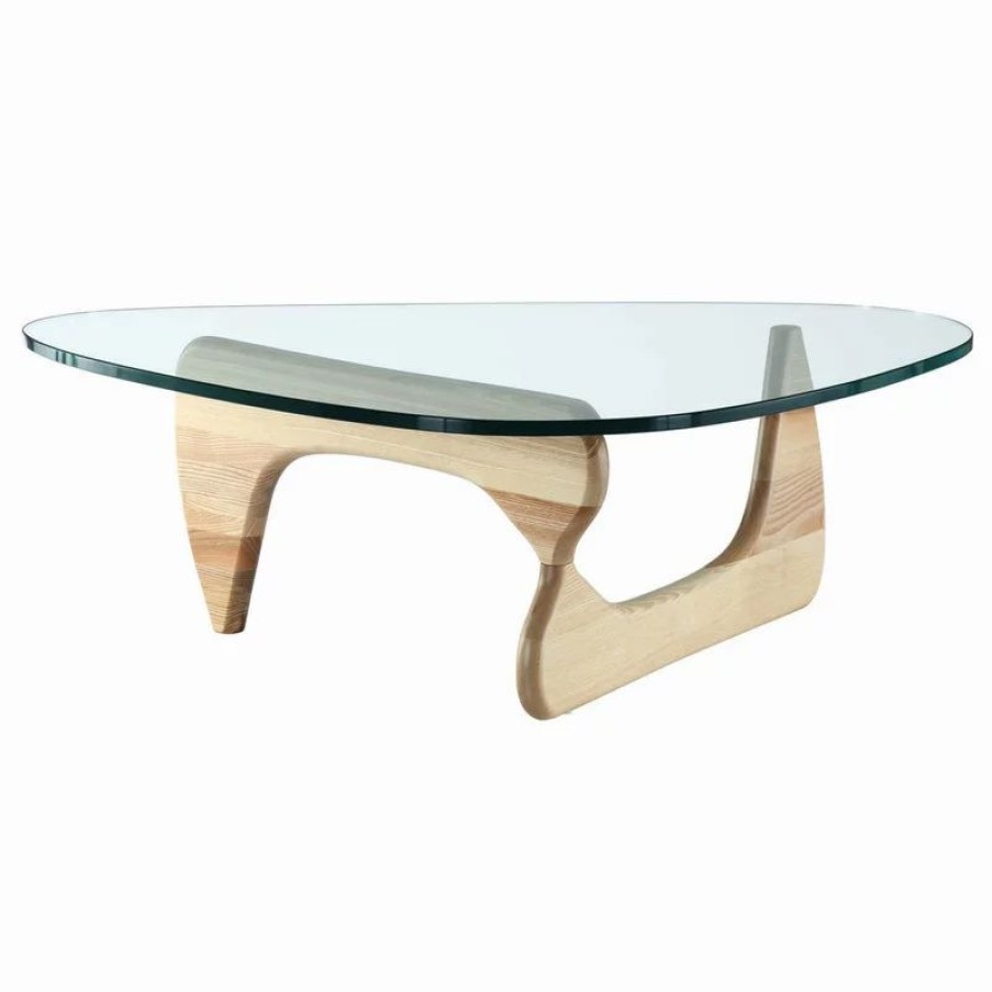 Coffee & Accent Tables * | Interior Modern Abstract Triangle Glass Top Modern Coffee Table Wooden Base, Natural