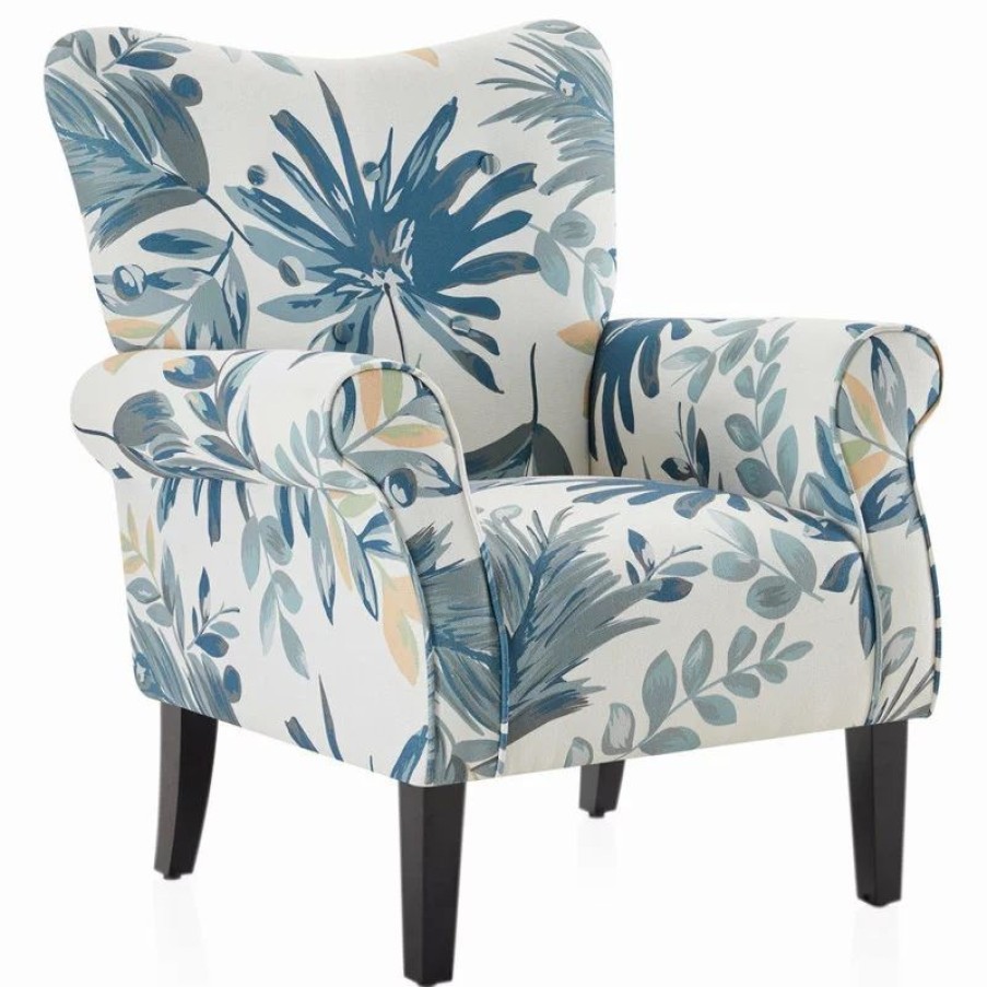 Chairs * | Belleze High Wingback Linen Armchair, Blue Floral