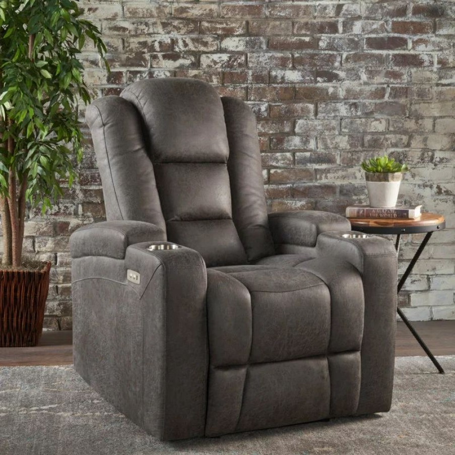 Chairs * | Gdfstudio Gdf Studio Everette Slate Power Recliner With Arm Storage And Usb Cord