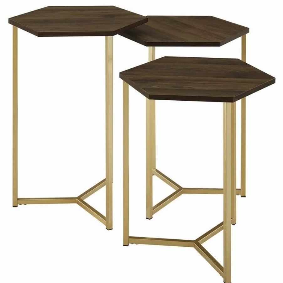 Coffee & Accent Tables * | Walker Edison Transitional Hex Wood And Metal 3-Piece Nesting Table Set, Dark Walnut