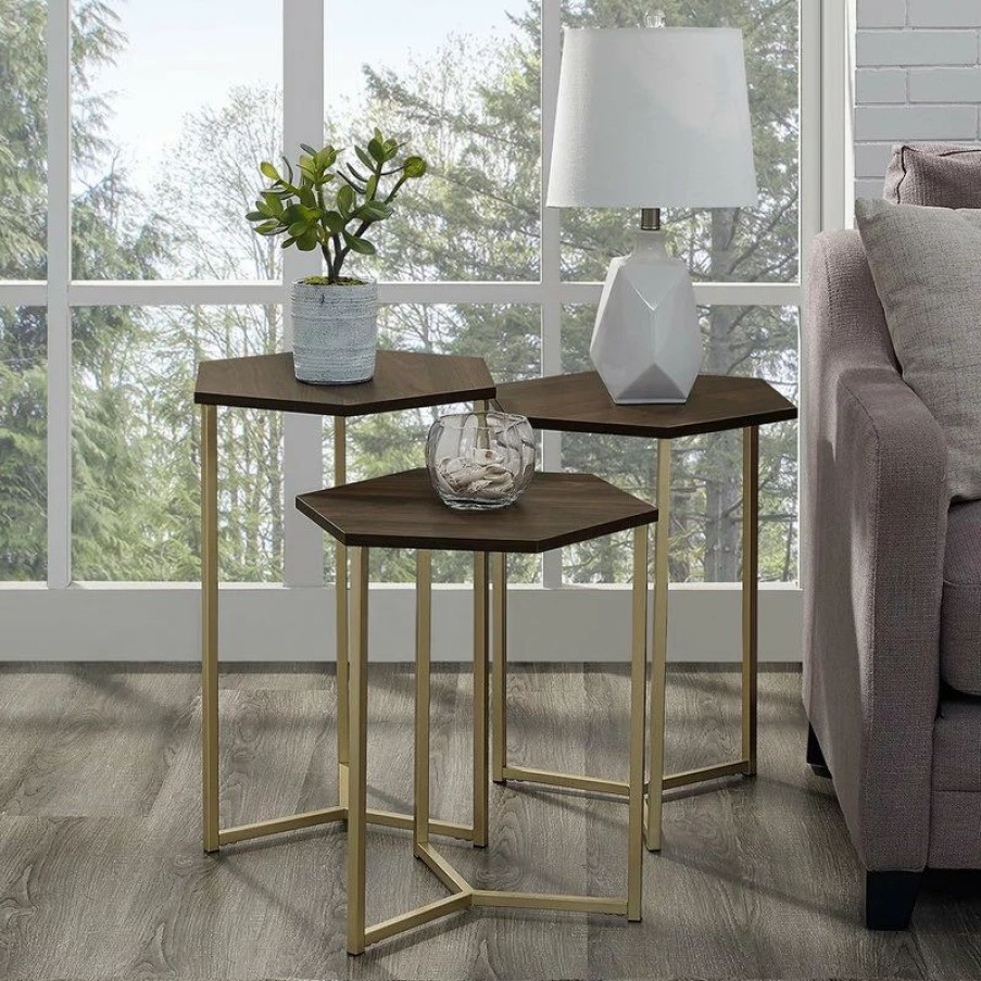 Coffee & Accent Tables * | Walker Edison Transitional Hex Wood And Metal 3-Piece Nesting Table Set, Dark Walnut