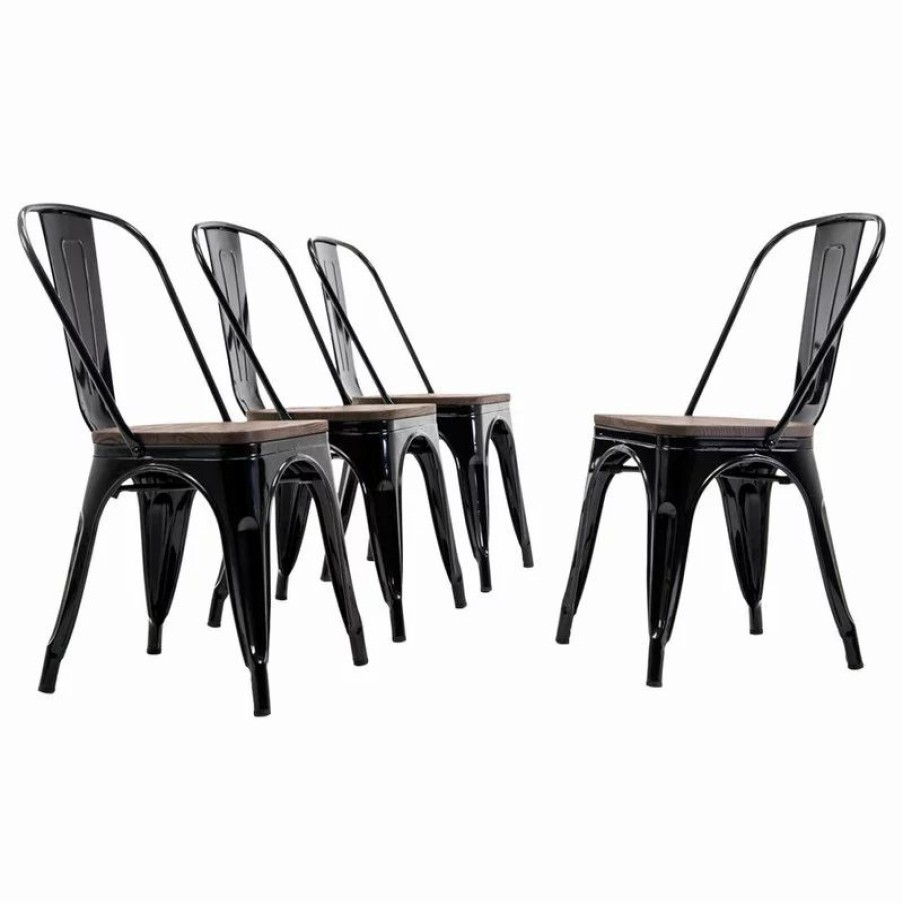 Chairs * | Belleze Wood Seat Metal Dining Chairs, Set Of 4, Black