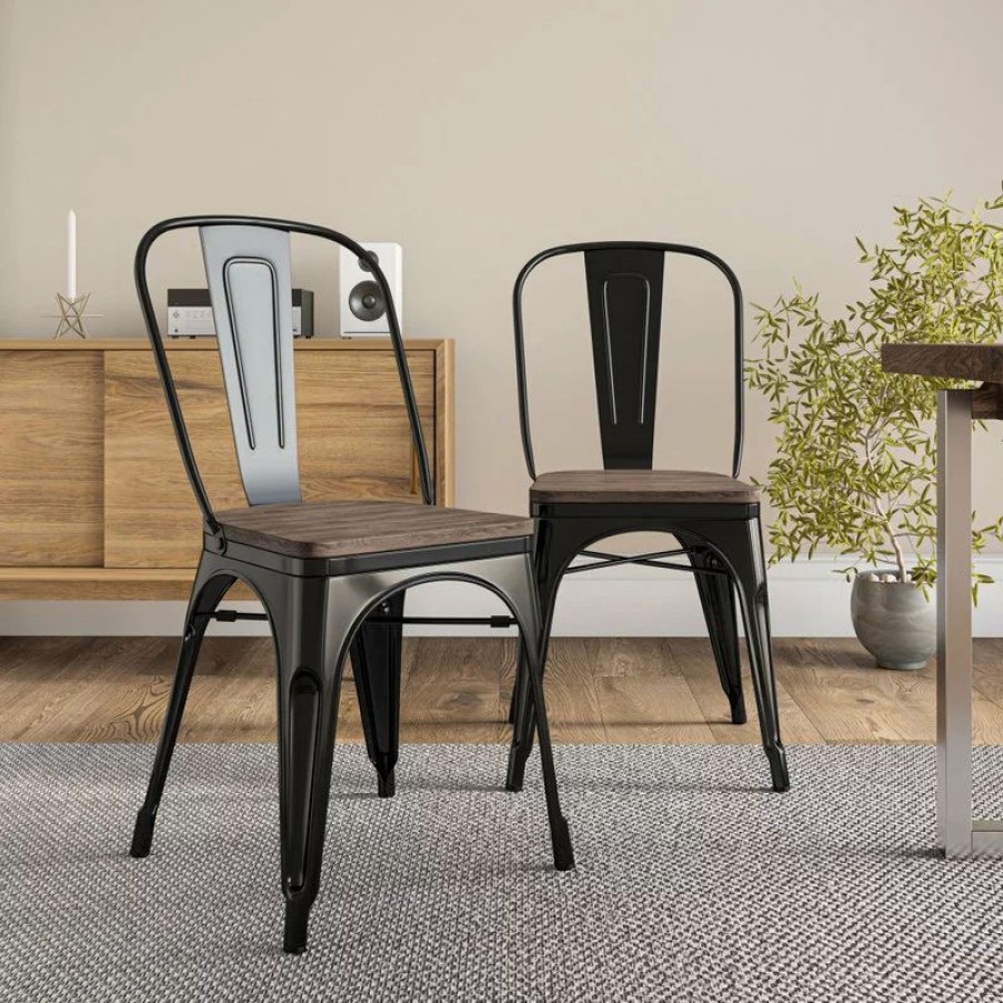 Chairs * | Belleze Wood Seat Metal Dining Chairs, Set Of 4, Black