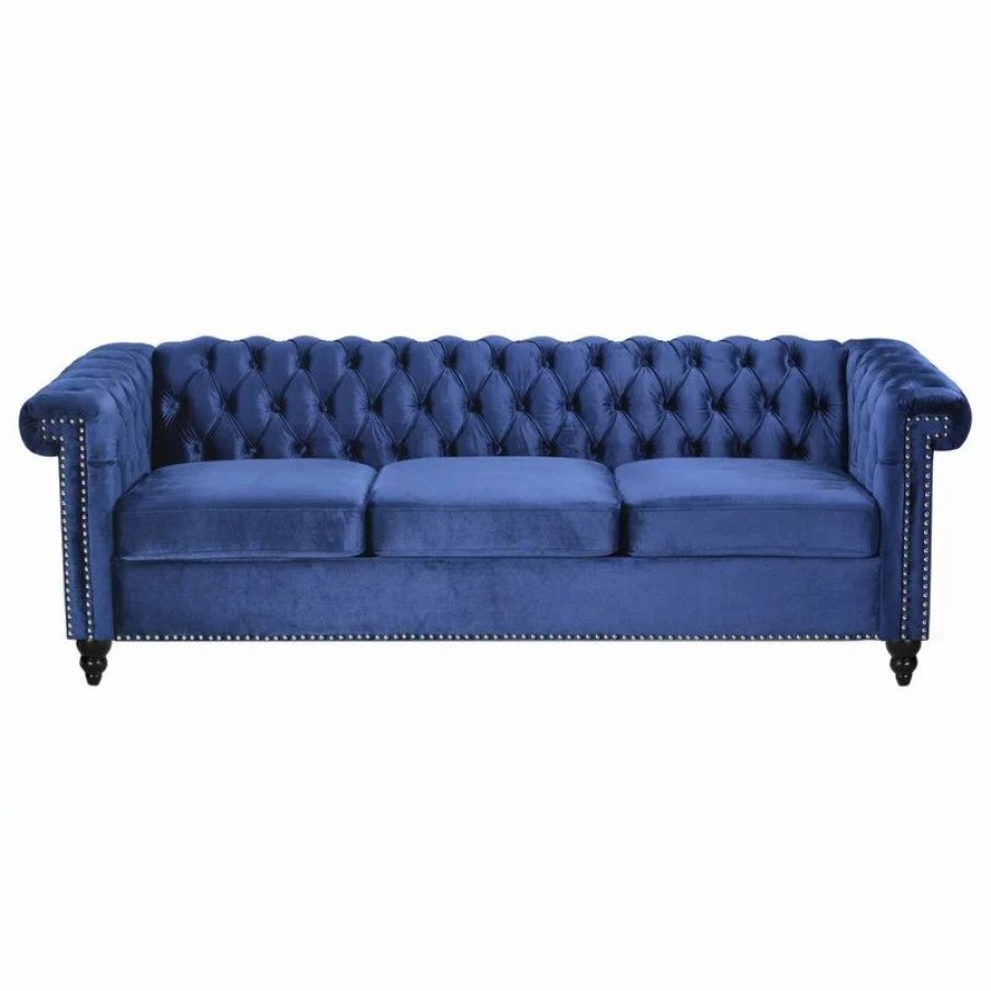 Sofas & Sectionals * | Gdfstudio Spencer Tufted Chesterfield Velvet 3 Seater Sofa, Midnight Blue/Dark Brown