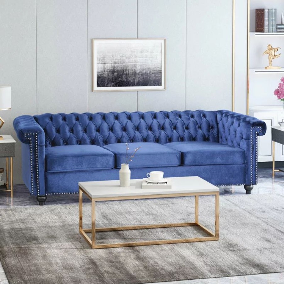 Sofas & Sectionals * | Gdfstudio Spencer Tufted Chesterfield Velvet 3 Seater Sofa, Midnight Blue/Dark Brown