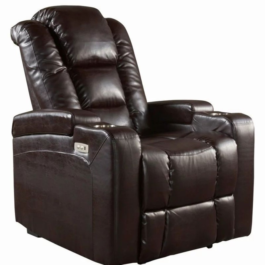 Chairs * | Gdfstudio Gdf Studio Everette Brown Leather Power Recliner With Arm Storage And Usb Cord