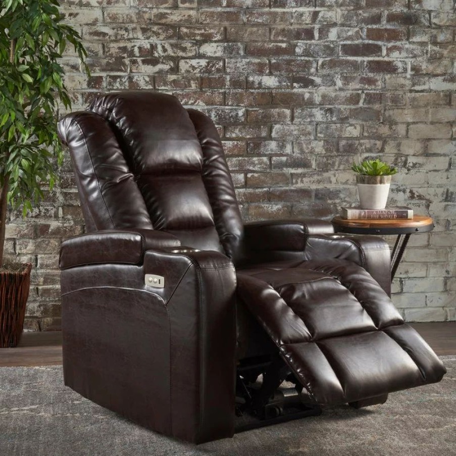 Chairs * | Gdfstudio Gdf Studio Everette Brown Leather Power Recliner With Arm Storage And Usb Cord