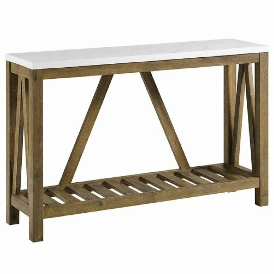 Console Tables * | Walker Edison 52 A-Frame Rustic Entry Console Table, White Faux-Marble/Walnut