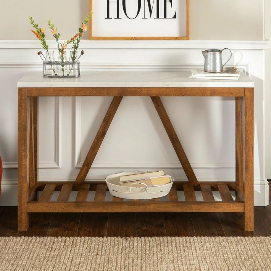 Console Tables * | Walker Edison 52 A-Frame Rustic Entry Console Table, White Faux-Marble/Walnut