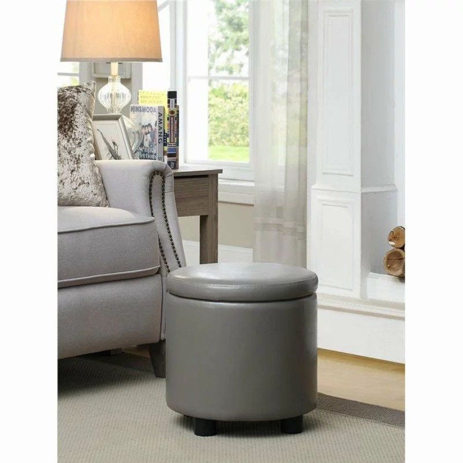 Footstools & Ottomans * | Convenience Concepts Designs4Comfort Round Accent Storage Ottoman In Gray Faux Leather Fabric