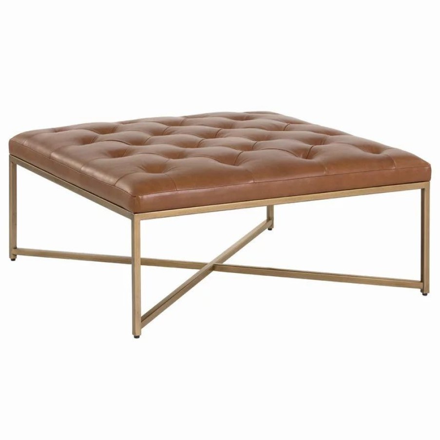 Footstools & Ottomans * | Sunpan Modern Home Endall Square Leather Coffee Table/Ottoman, Antique Brass, Camel