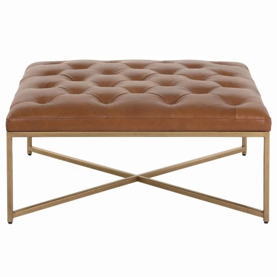 Footstools & Ottomans * | Sunpan Modern Home Endall Square Leather Coffee Table/Ottoman, Antique Brass, Camel