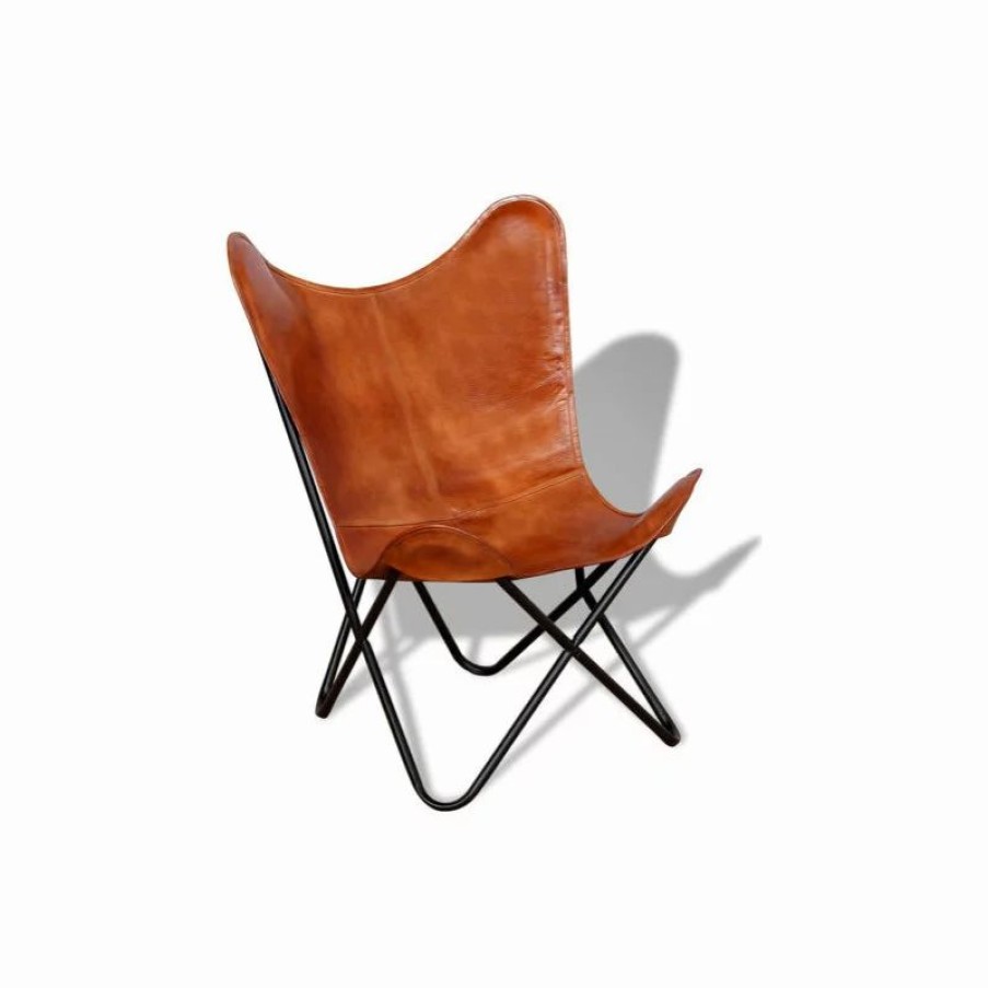 Chairs * | Vida Xl International B.V. Vidaxl Butterfly Chair Brown Real Leather Armchair Seating Seat Furniture