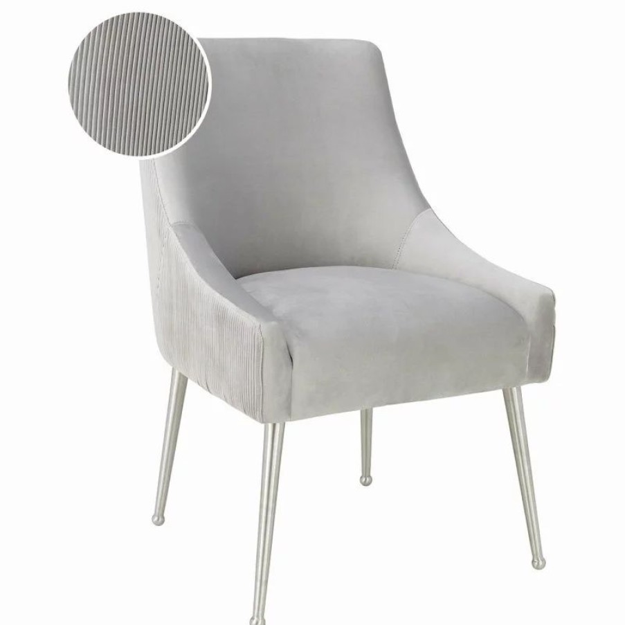 Chairs * | Tov Furniture Beatrix Pleated Light Grey Velvet Side Chair Silver Legs Light Grey