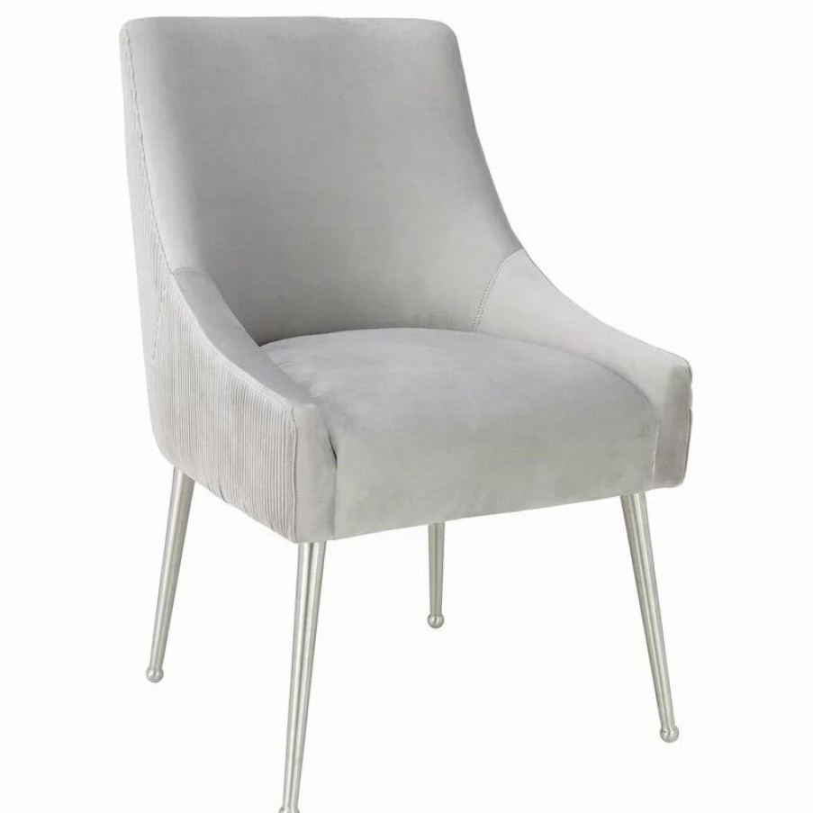 Chairs * | Tov Furniture Beatrix Pleated Light Grey Velvet Side Chair Silver Legs Light Grey