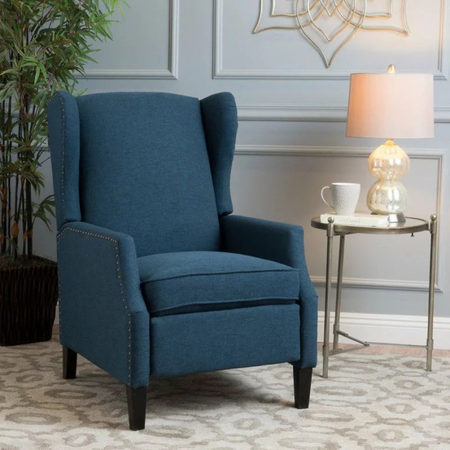 Chairs * | Gdfstudio Gdf Studio Weyland Contemporary Fabric Wingback Pushback Recliner, Navy Blue