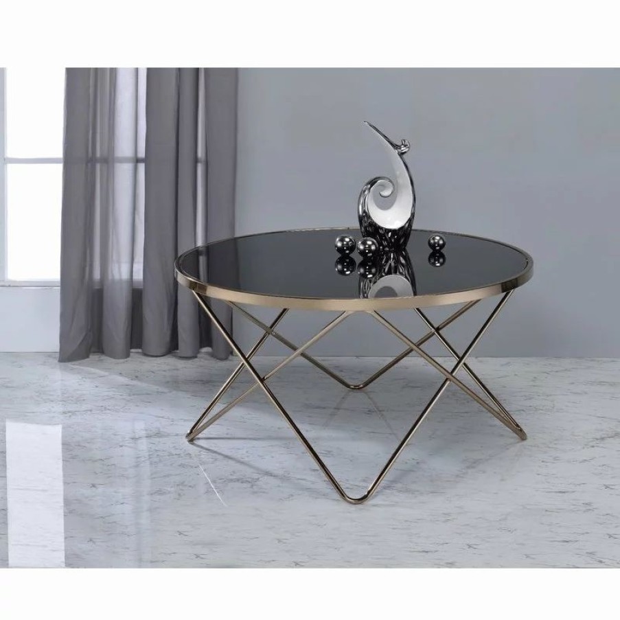 Coffee & Accent Tables * | Acme Furniture Acme Valora Coffee Table, Black Glass And Champagne