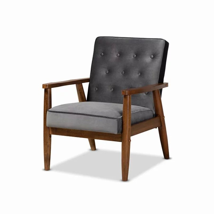 Chairs * | Wholesale Interiors Sorrento Gray Velvet Fabric Upholstered Walnut Finished Wooden Lounge Chair