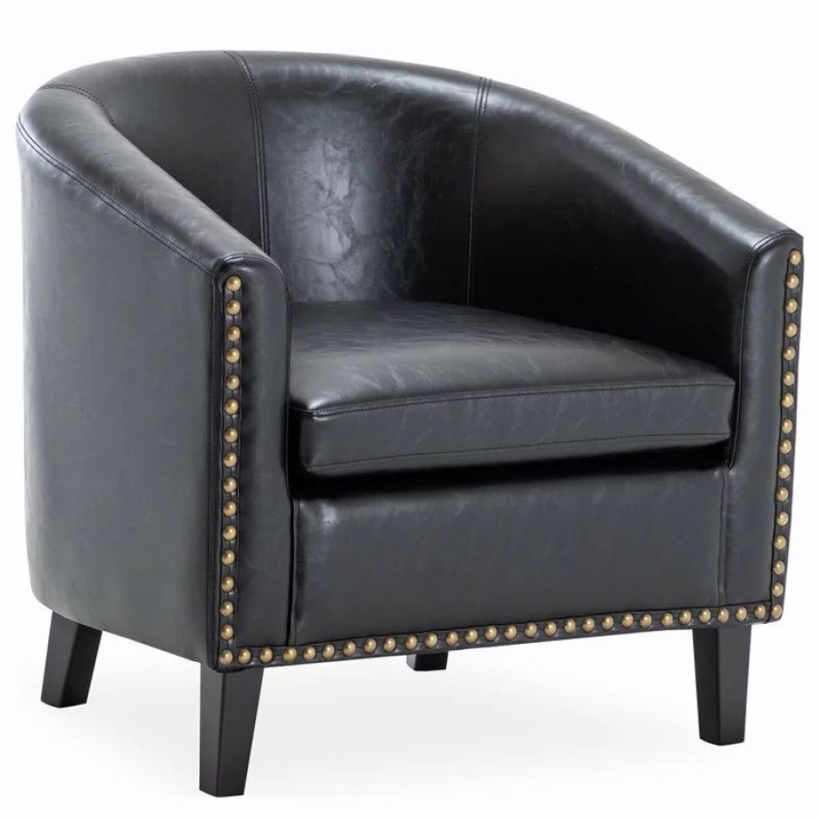 Chairs * | Belleze Tub Barrel Accent Chair Faux Leather, Black