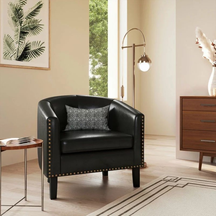 Chairs * | Belleze Tub Barrel Accent Chair Faux Leather, Black