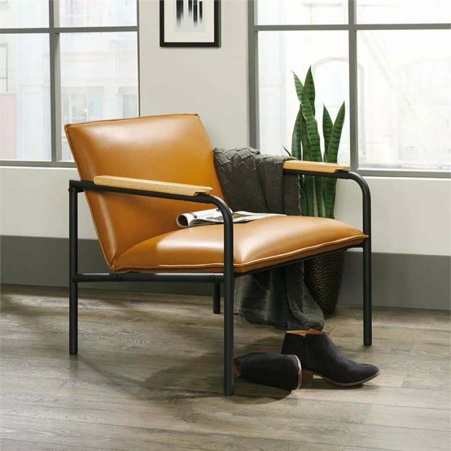 Chairs * | Sauder Boulevard Cafe Faux Leather Upholstered Accent Chair In Camel And Black