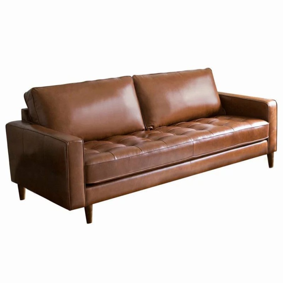 Sofas & Sectionals * | Abbyson Living Hammond Mid-Century Leather Stationary Sofa, Camel