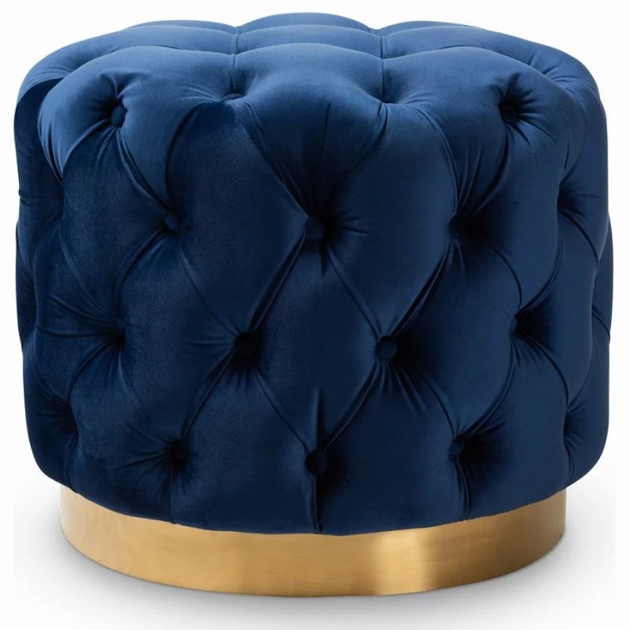 Footstools & Ottomans * | Wholesale Interiors Valeria Glam Royal Blue Velvet Gold Button Tufted Ottoman