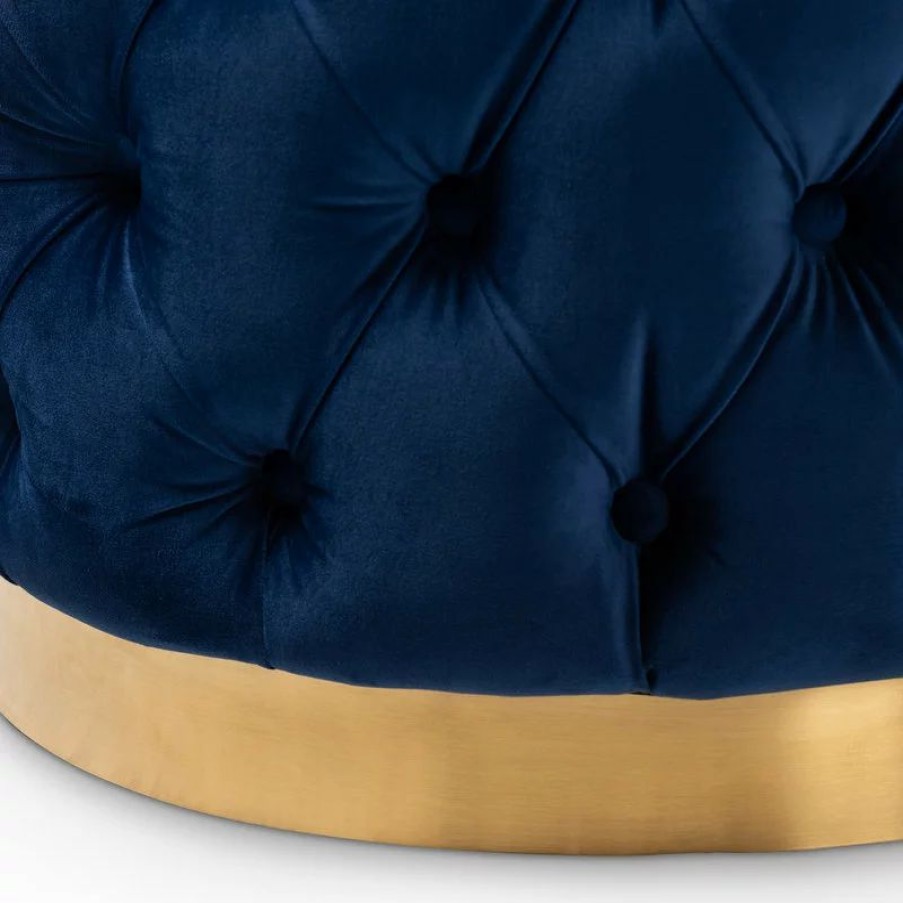 Footstools & Ottomans * | Wholesale Interiors Valeria Glam Royal Blue Velvet Gold Button Tufted Ottoman