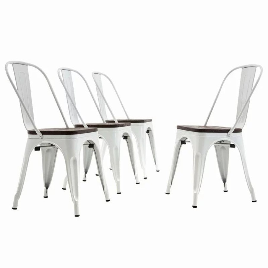 Chairs * | Belleze Wood Seat Metal Dining Chairs, Set Of 4, White