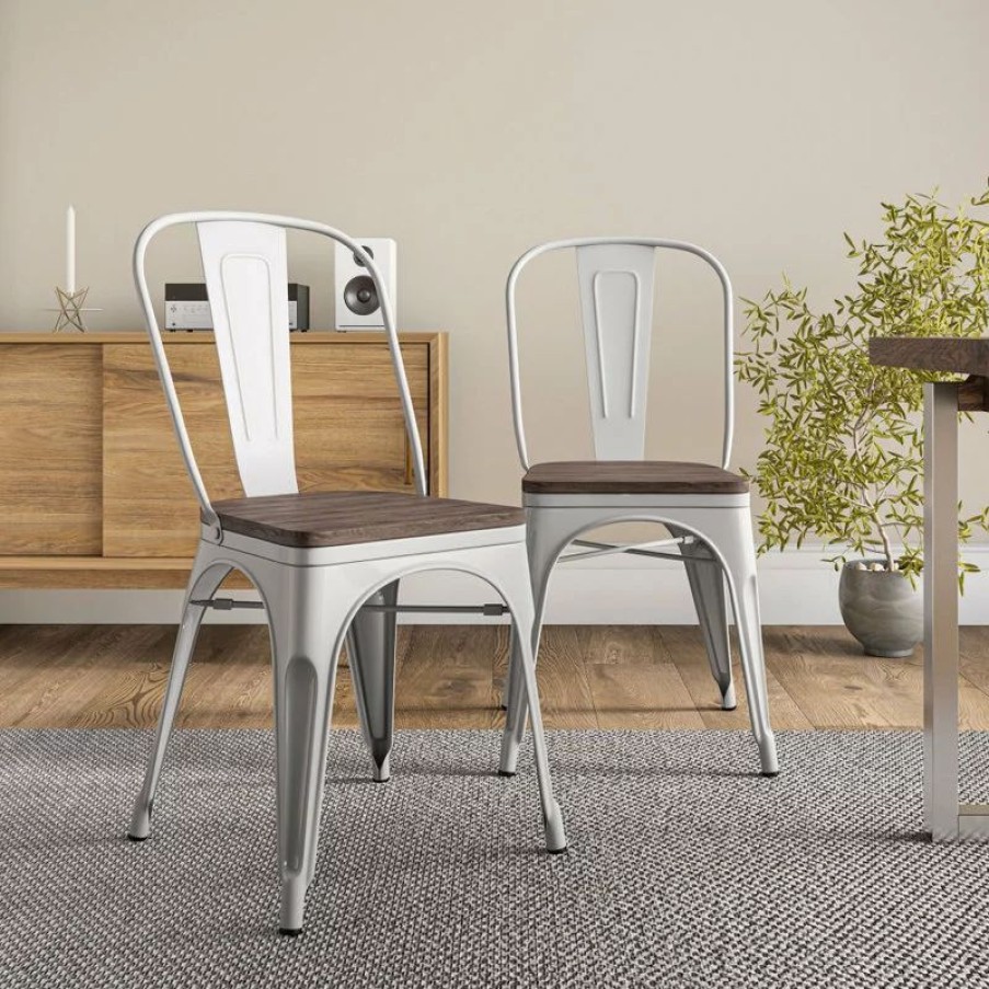 Chairs * | Belleze Wood Seat Metal Dining Chairs, Set Of 4, White