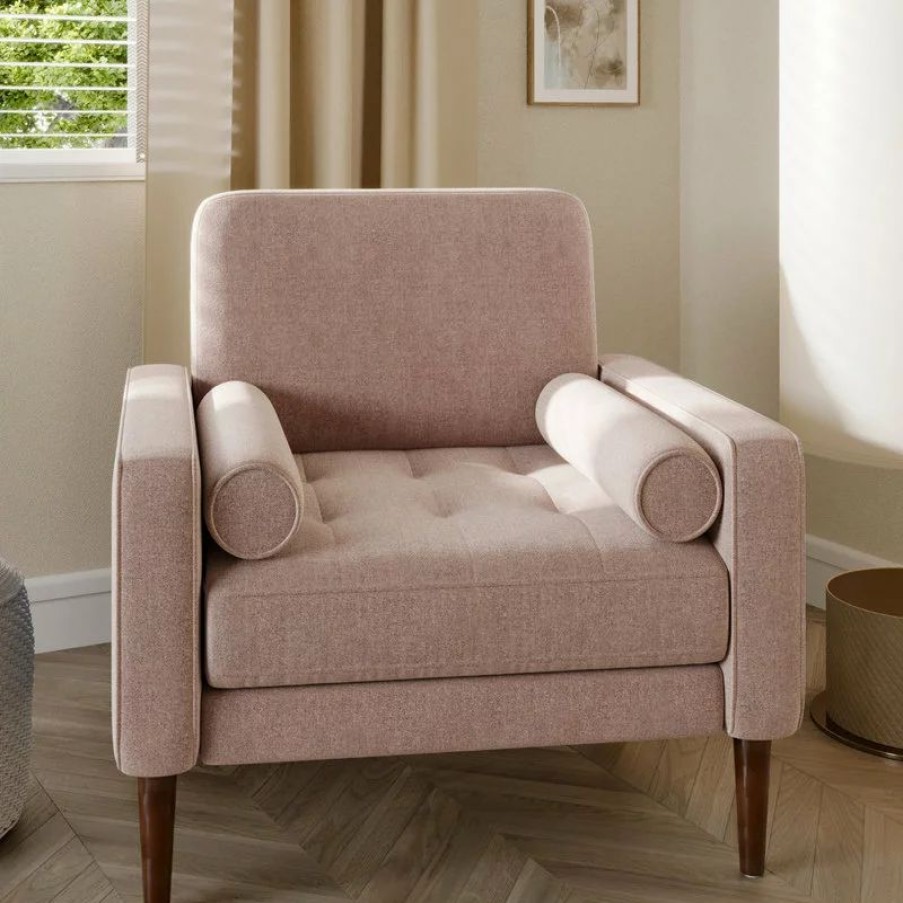 Chairs * | Belleze Erik Accent Chair Tufted Linen With Bolster Pillows, Brick