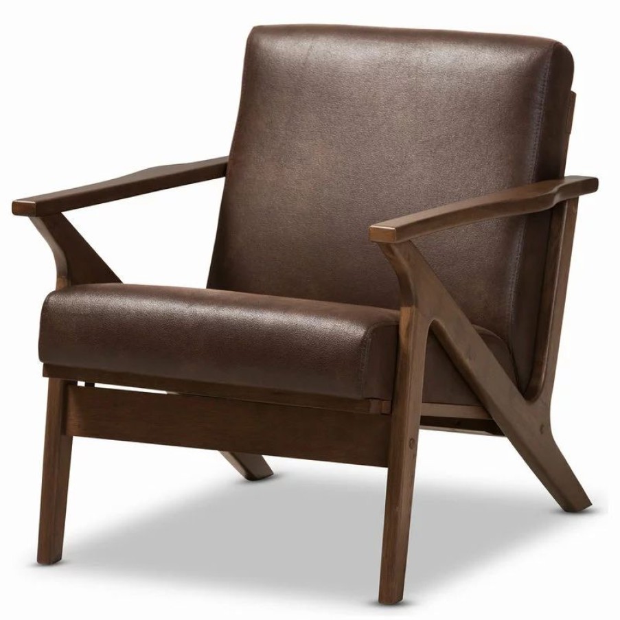 Chairs * | Baxton Studio Bianca Mid-Century Modern Distressed Lounge Chair, Dark Brown Faux Leather