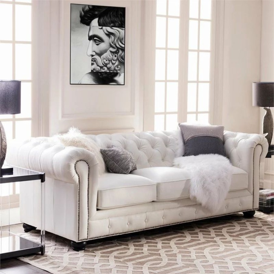 Sofas & Sectionals * | Bowery Hill Traditional Leather Chesterfield Sofa In White Finish