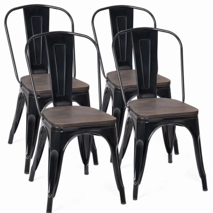 Chairs * | Costway Set Of 4 Dining Side Chair Stackable Bistro Metal Wood Stool Black