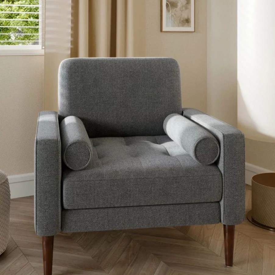 Chairs * | Belleze Erik Accent Chair Tufted Linen With Bolster Pillows, Grey