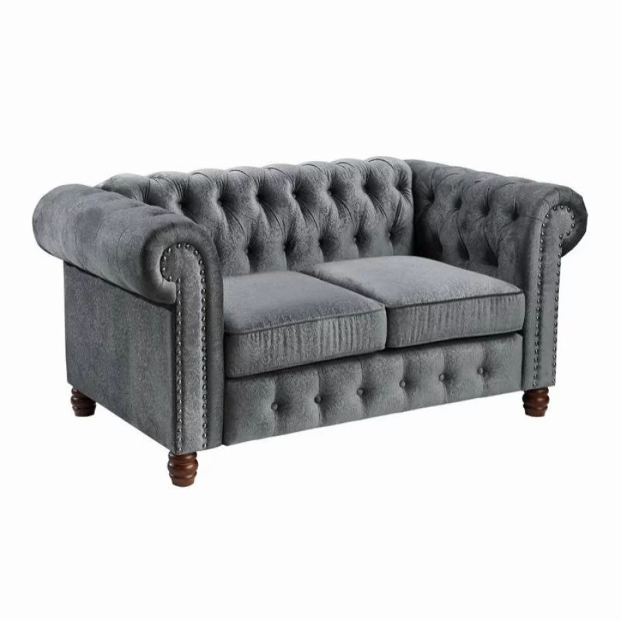 Sofas & Sectionals * | Domain Industries Inc. Lexicon Welwyn Velvet Chesterfield Loveseat In Dark Gray