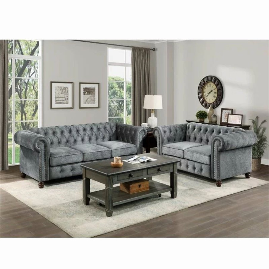 Sofas & Sectionals * | Domain Industries Inc. Lexicon Welwyn Velvet Chesterfield Loveseat In Dark Gray