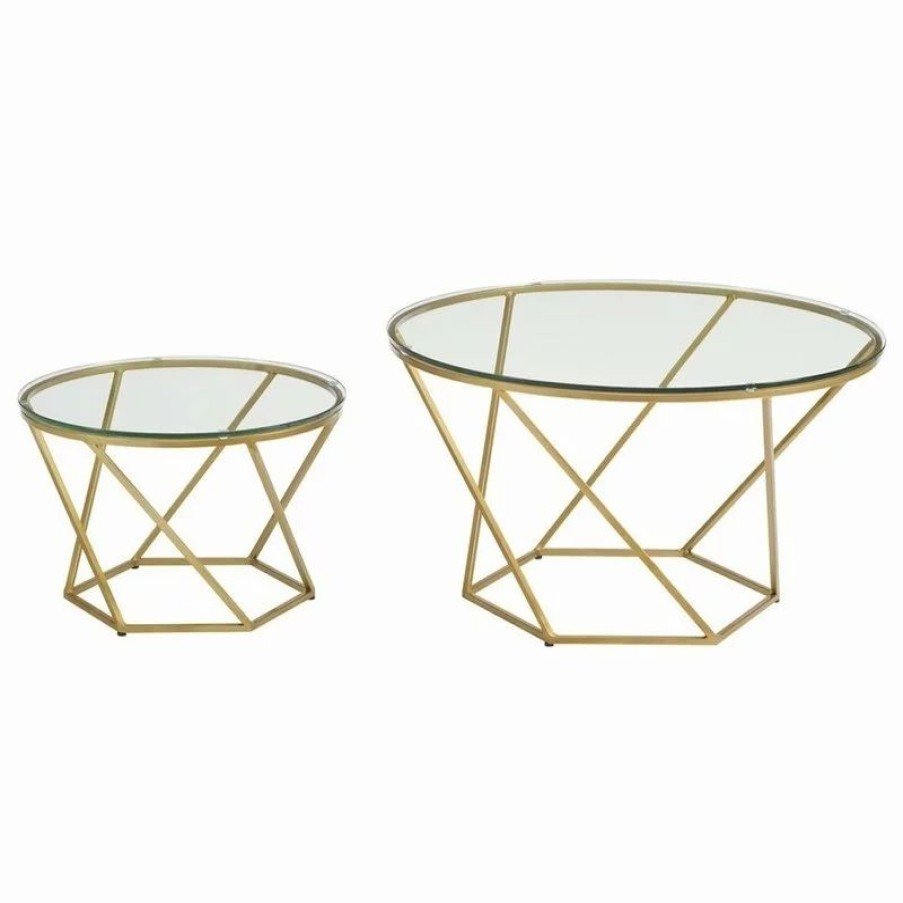 Coffee & Accent Tables * | Walker Edison Round Glass Top Nesting Coffee Table Set With Gold Base