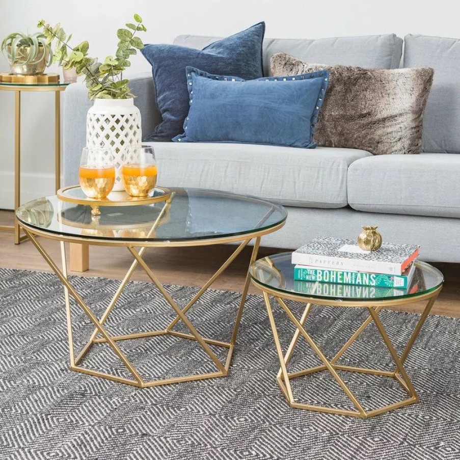 Coffee & Accent Tables * | Walker Edison Round Glass Top Nesting Coffee Table Set With Gold Base