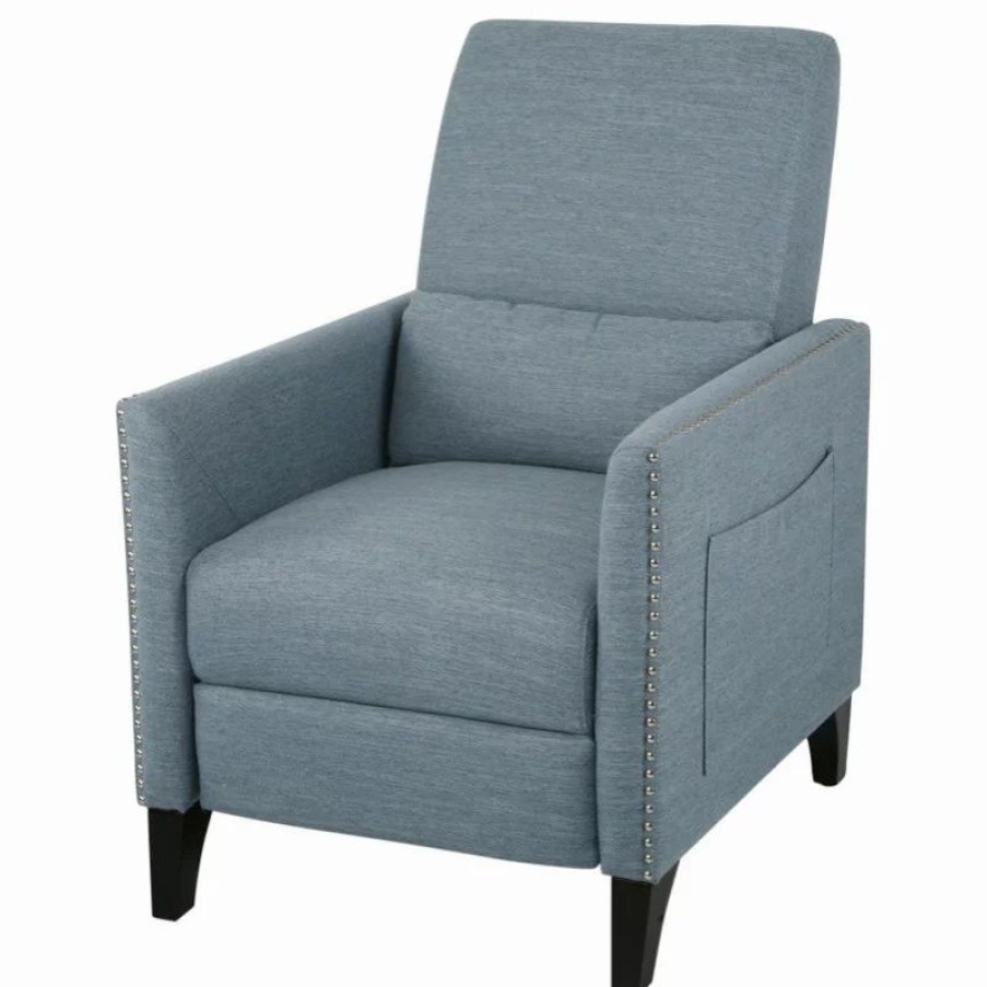 Chairs * | Gdfstudio Alexis Contemporary Fabric Push Back Recliner, Light Blue, Dark Brown