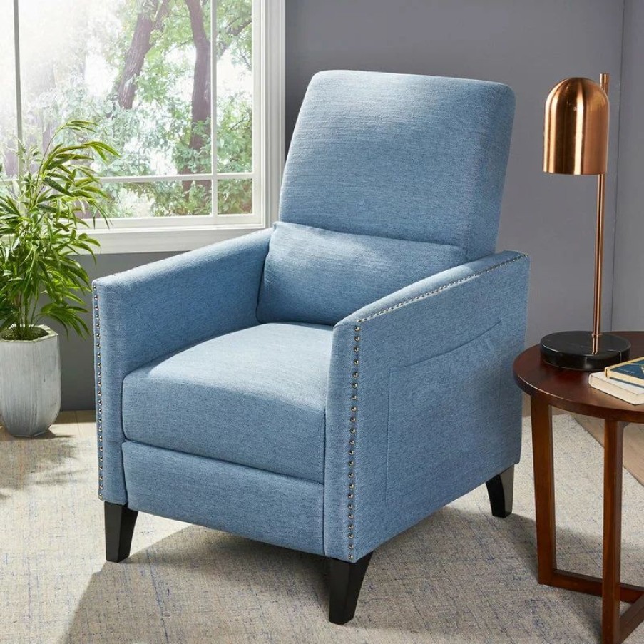 Chairs * | Gdfstudio Alexis Contemporary Fabric Push Back Recliner, Light Blue, Dark Brown