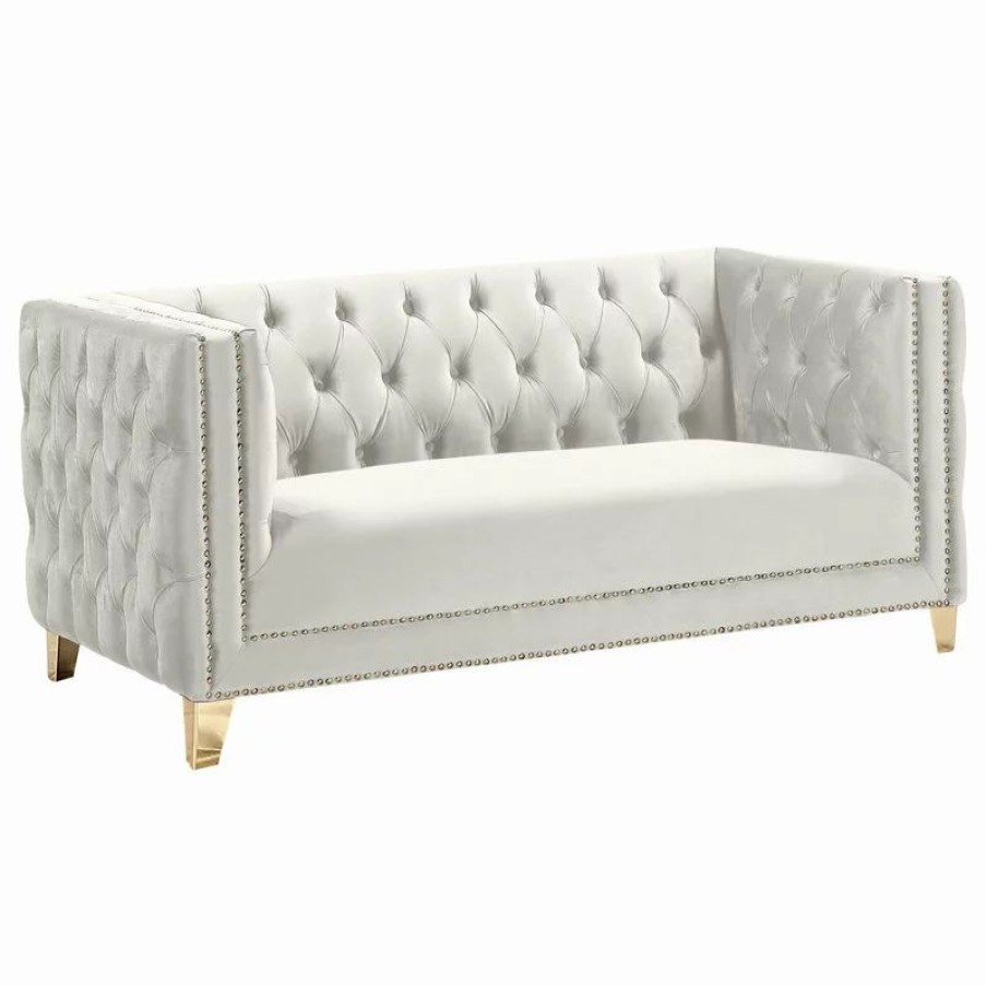 Sofas & Sectionals * | Meridian Furniture Michelle Fabric Upholstered Loveseat, Gold Iron Legs, Cream Velvet