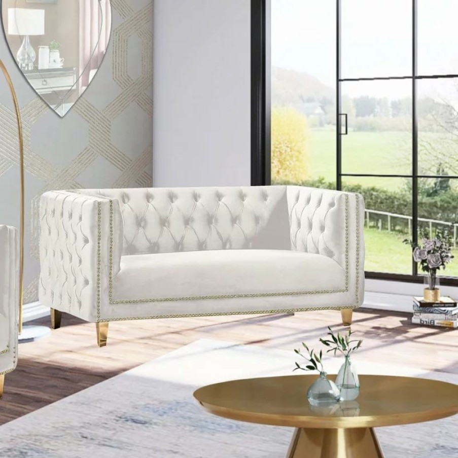 Sofas & Sectionals * | Meridian Furniture Michelle Fabric Upholstered Loveseat, Gold Iron Legs, Cream Velvet